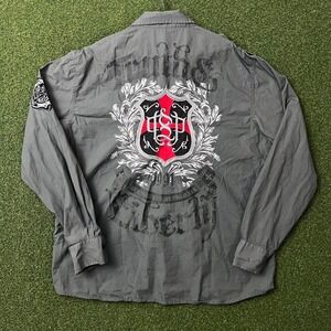 Y2K Southpole Premium Embroidered Grey Graphic Button Down‎ Shirt